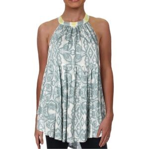 Free People Mimi Halter Hi-Lo Halter Tunic Blue Ivory Combo Printed Linen